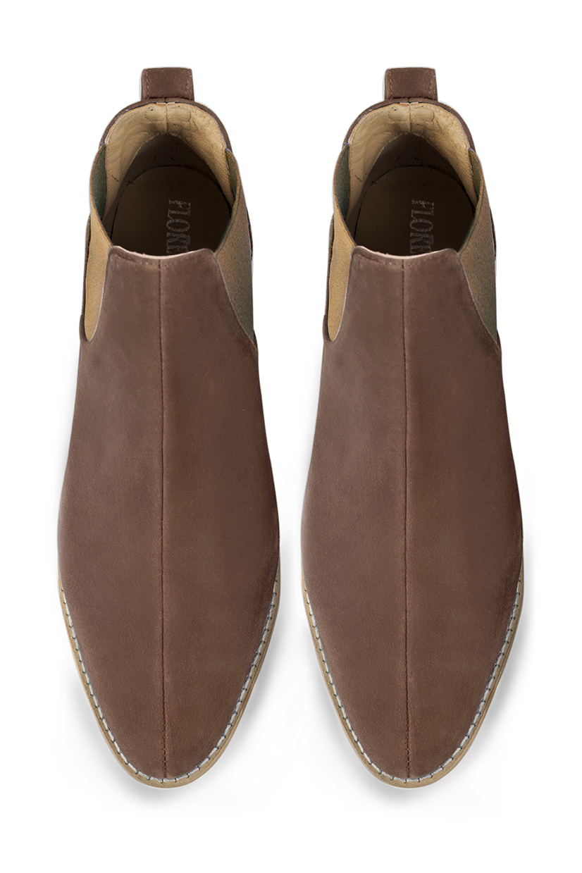 Chocolate brown women's ankle boots, with elastics. Round toe. Flat leather soles. Top view - Florence KOOIJMAN